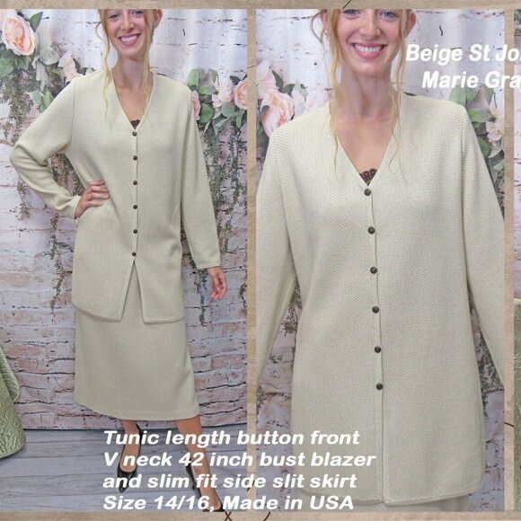 42" bust blazer & skirt set VTG beige St John Knit Collection Marie Gray classic - Picture 4 of 13